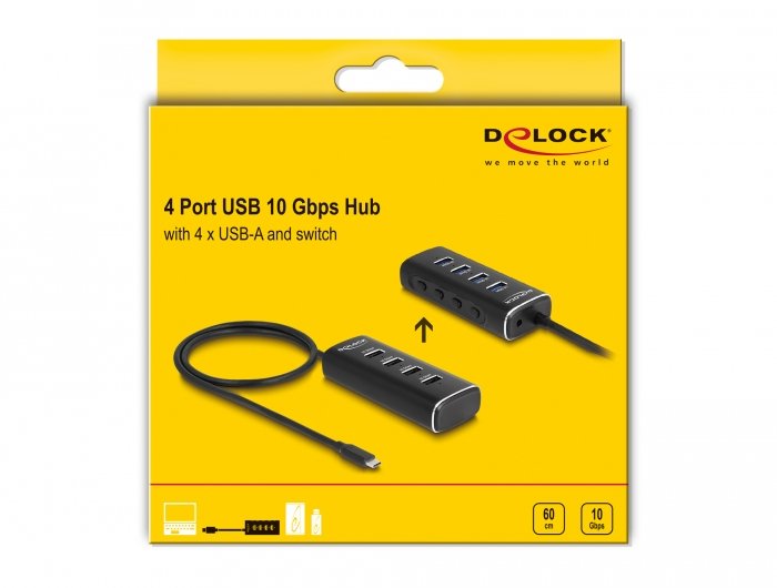 Delock 64233 Usb 10 Gbps De 4 Puertos Con Conector Usb Type-C Cable De 60 Cm E Interruptor Para Cada Puerto