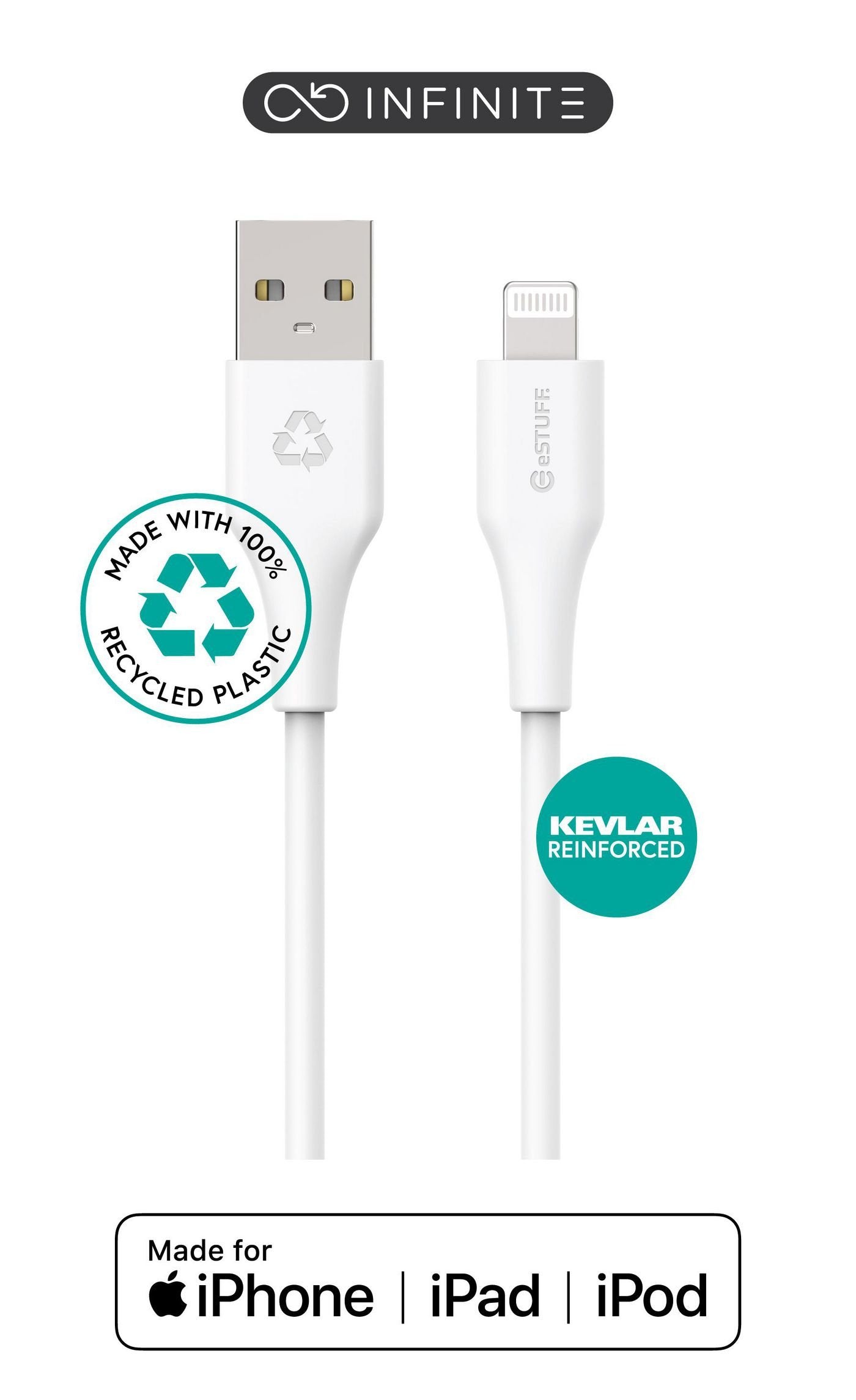 Infinite Usb-A To Lightning - Cable Mfi 1m White. Recycled - Plastic. Super Soft