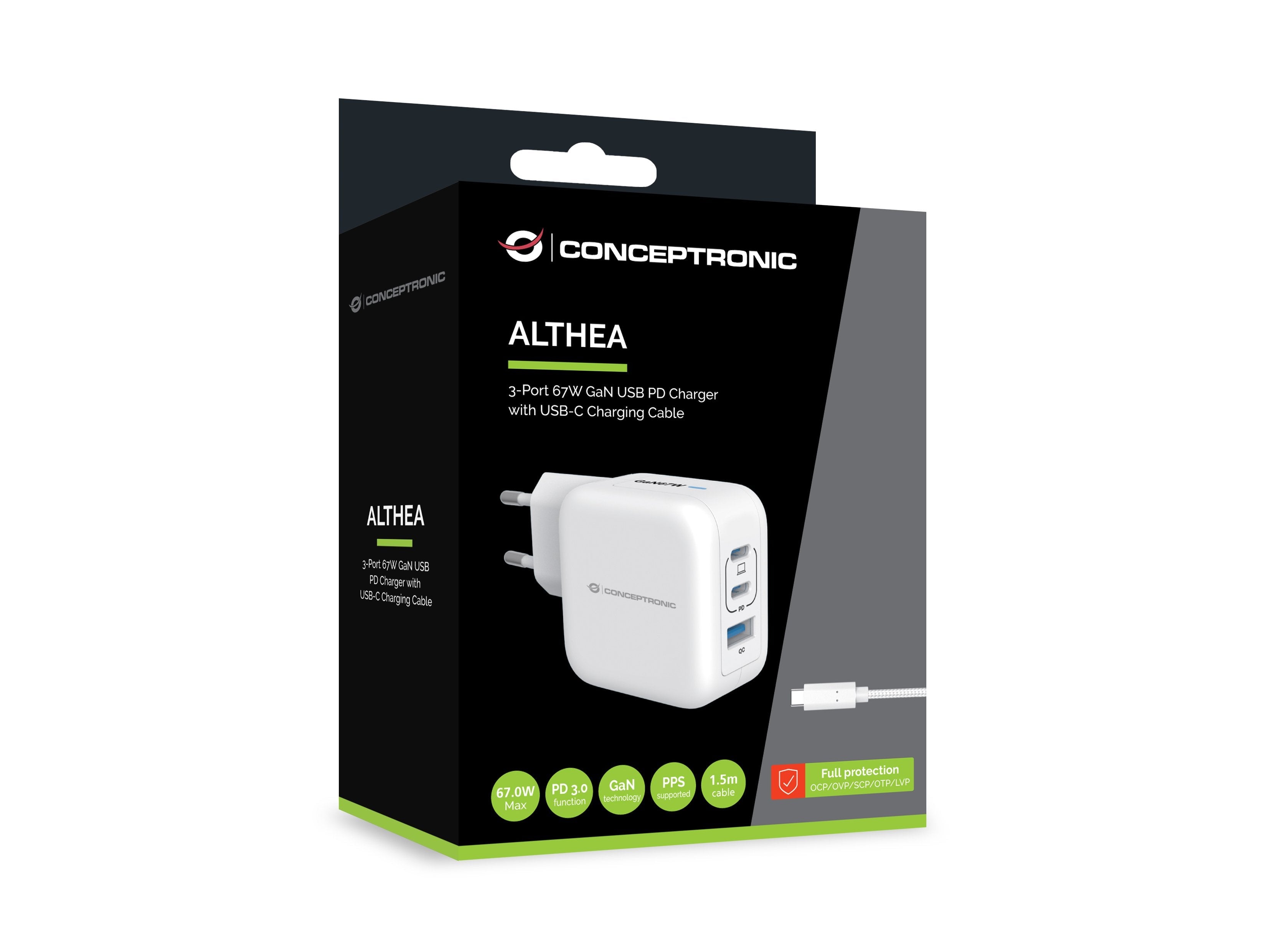 Conceptronic Cargador 3port 67w,2xusb-C,1xusb-A 1.5m Ws