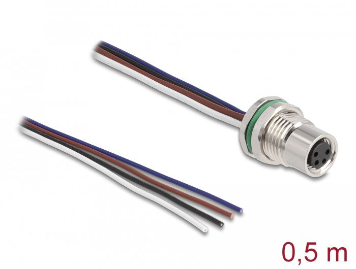 Delock M8 Einbaucable A-Kodiert 4 Pin Buchse Für Panel Mit Offenen Cablen Front Montage 0,5 M