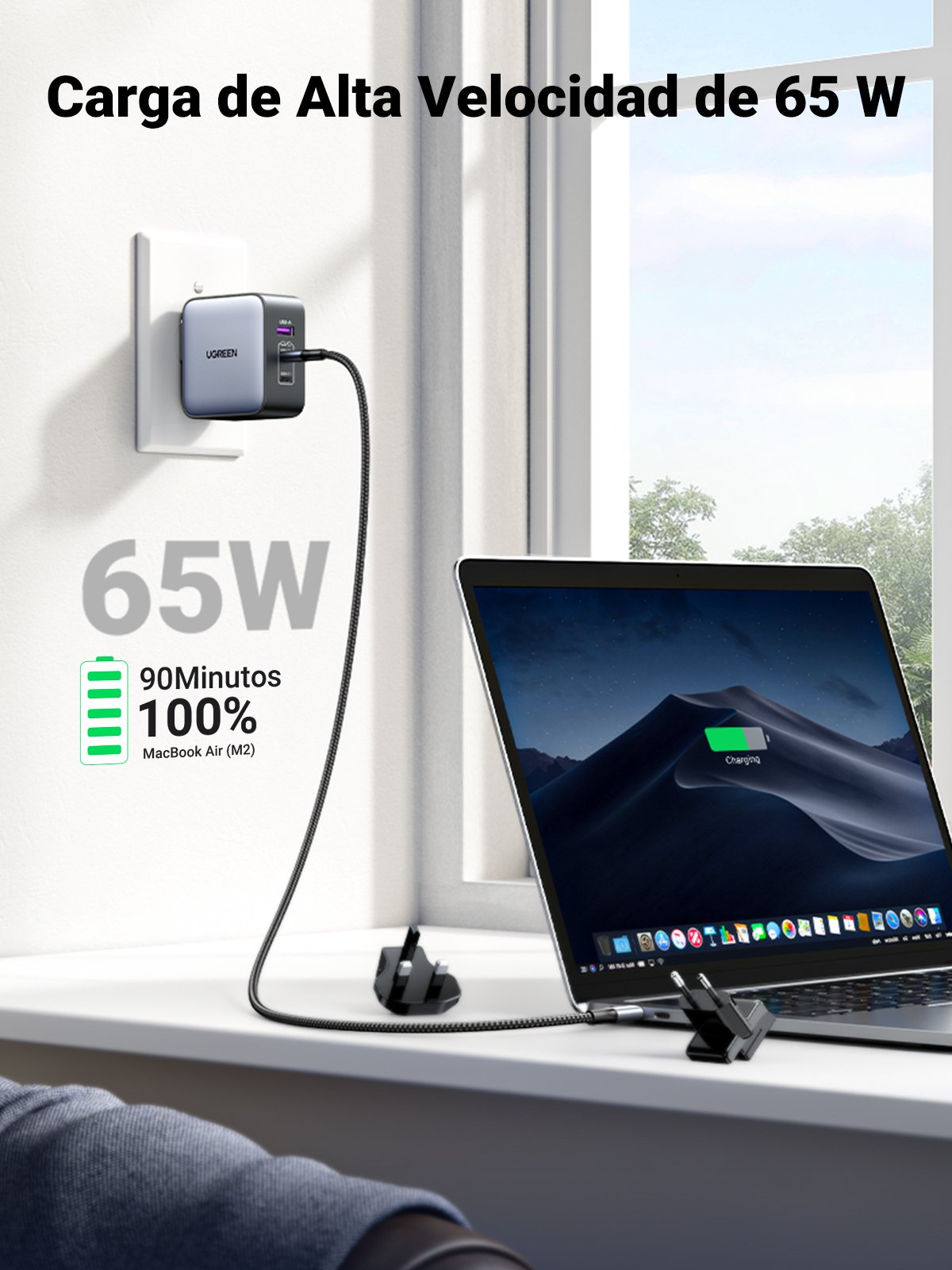 Ugreen Usb-A+2*Usb-C 65w Gan Cargador Rápido Para Viajes En Todo El Mundo