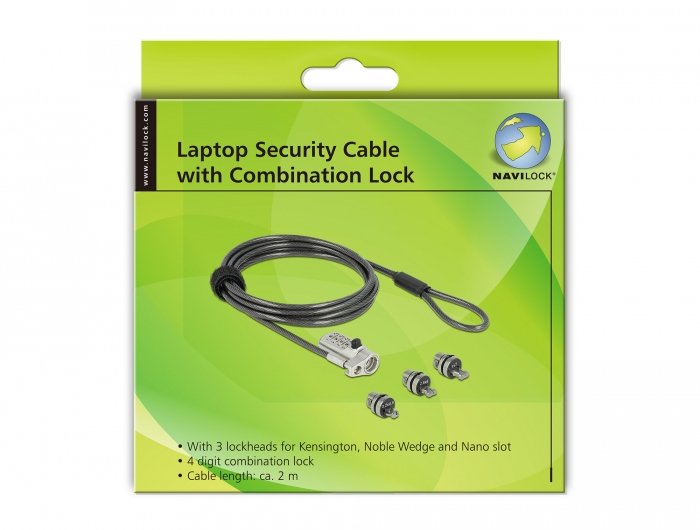 Navilock Notebook Sicherungscable Mit 3 Verriegelungskpfen Und Zahlenschloss Fr Kensington, Noble Wedge Und Nano Slot Und Zahlenschloss