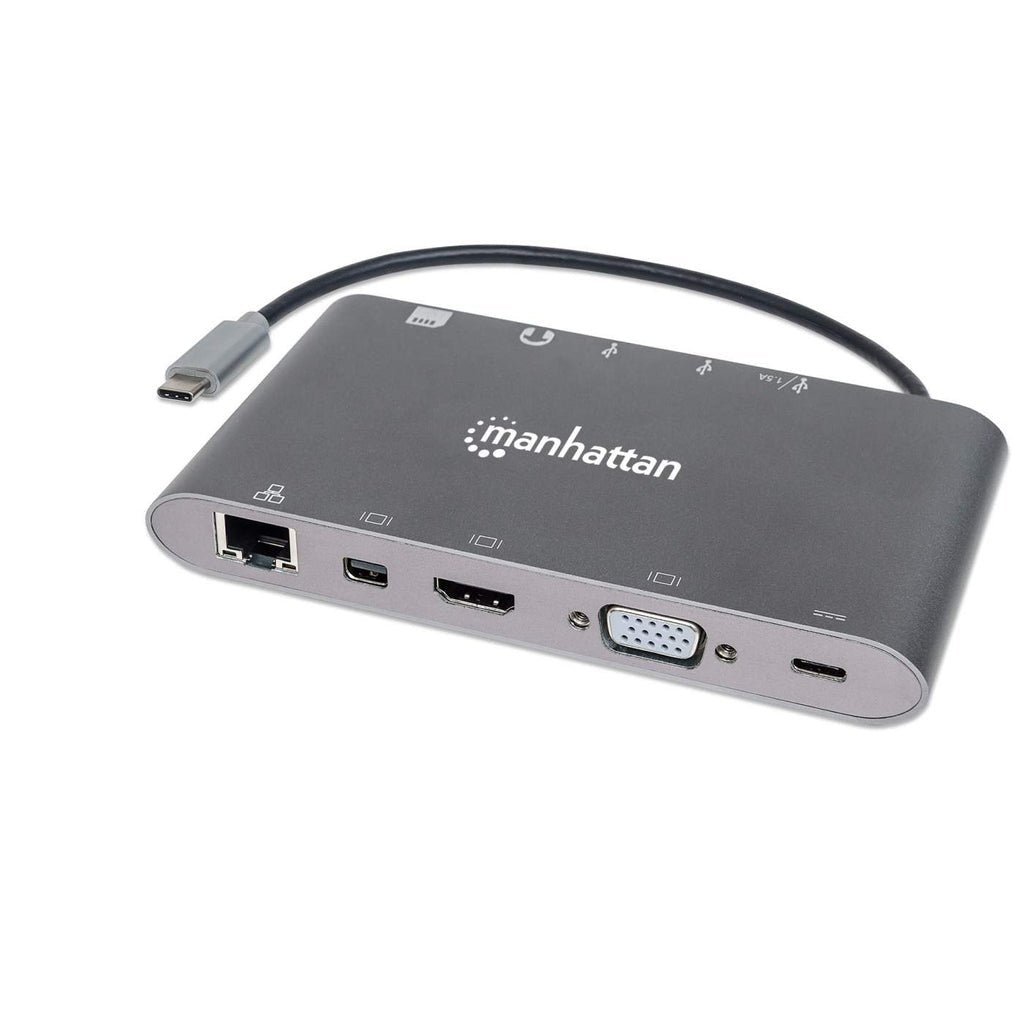 Manhattan Estación Docking Usb-C 7 En 1 Usb 3.1 Tipo-C Macho A Hdmi, Mini Dp O Vga, 3 Usb 3.0 Tipo-A,1 Usb-C Pd, Gigabit Rj45, Lector Tarjetas Sd Y Audio De 3.5 Mm, Aluminio, Gris