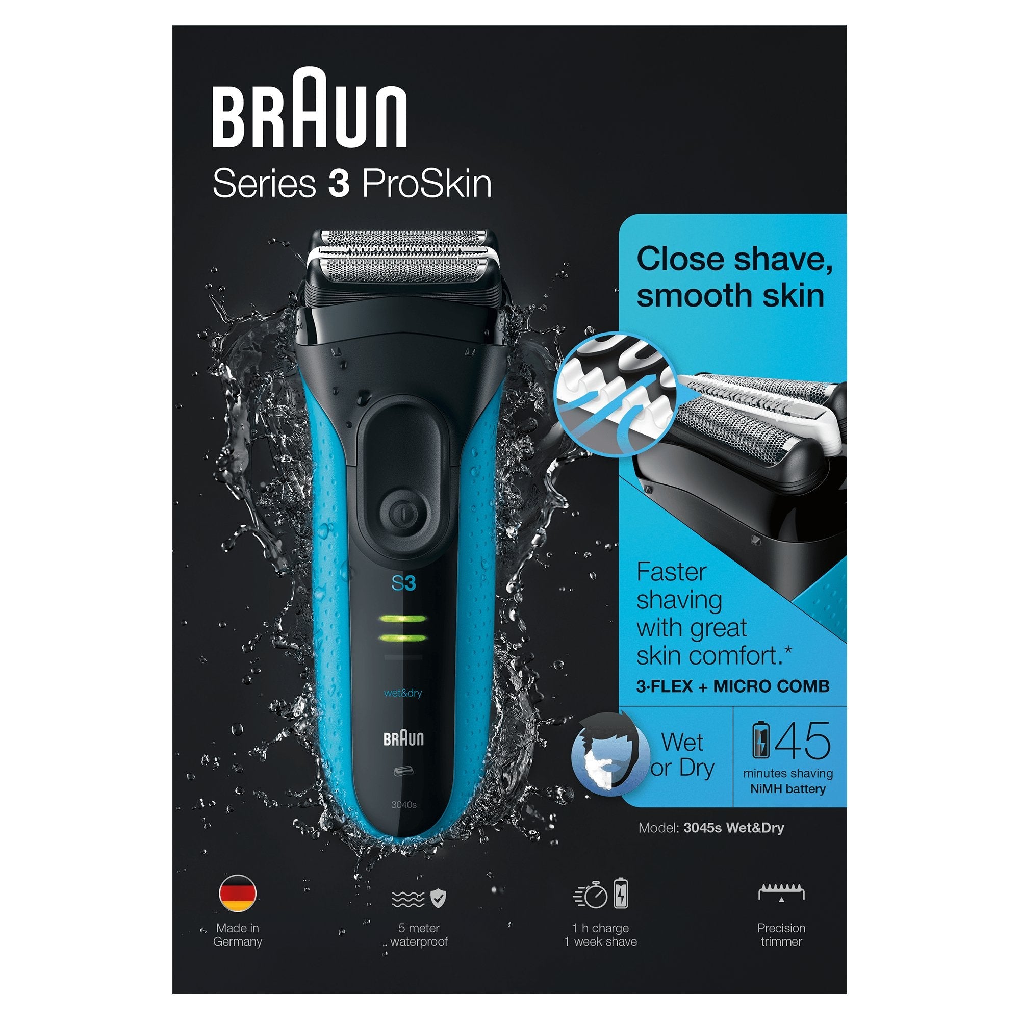 Braun Series 3 Proskin 3045s Máquina De Afeitar De Láminas Recortadora Negro, Azul