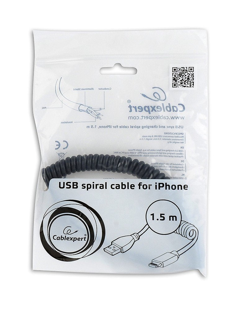 Gembird Cable Usb A Lightning Espiral Para Iphone 1.50m Negro Cc-Lmam-1.5m