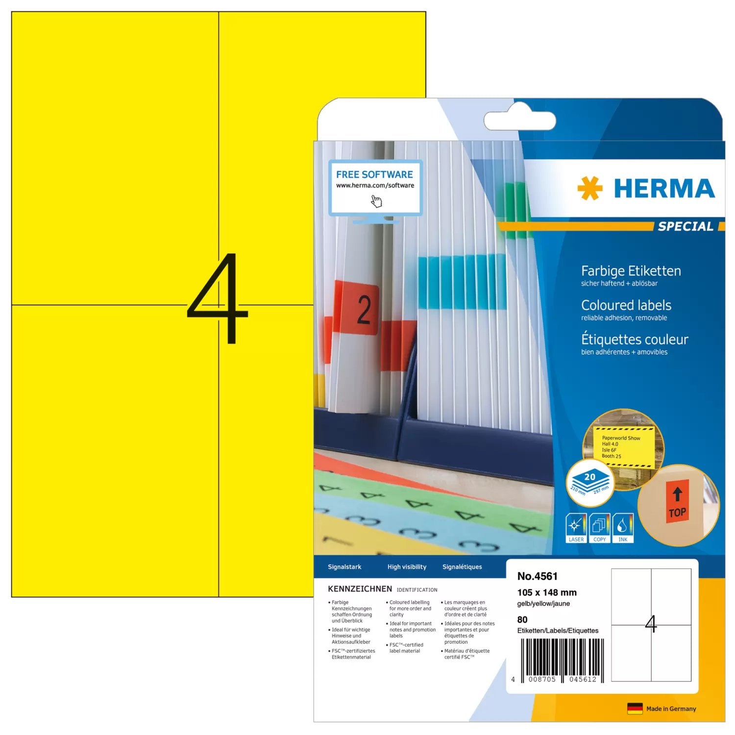 EAN 4008705045612 - HERMA 4561 etiqueta autoadhesiva Rectángulo Amarillo 80 pieza(s) imagen 1