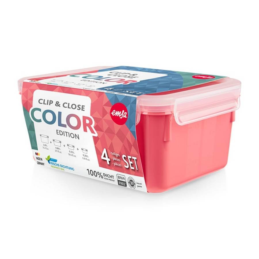 Emsa Clip & Close Juego De 4 Fiambreras (Coral/Transparente, Rectangular, 4 Fiambreras + 4 Tapas)