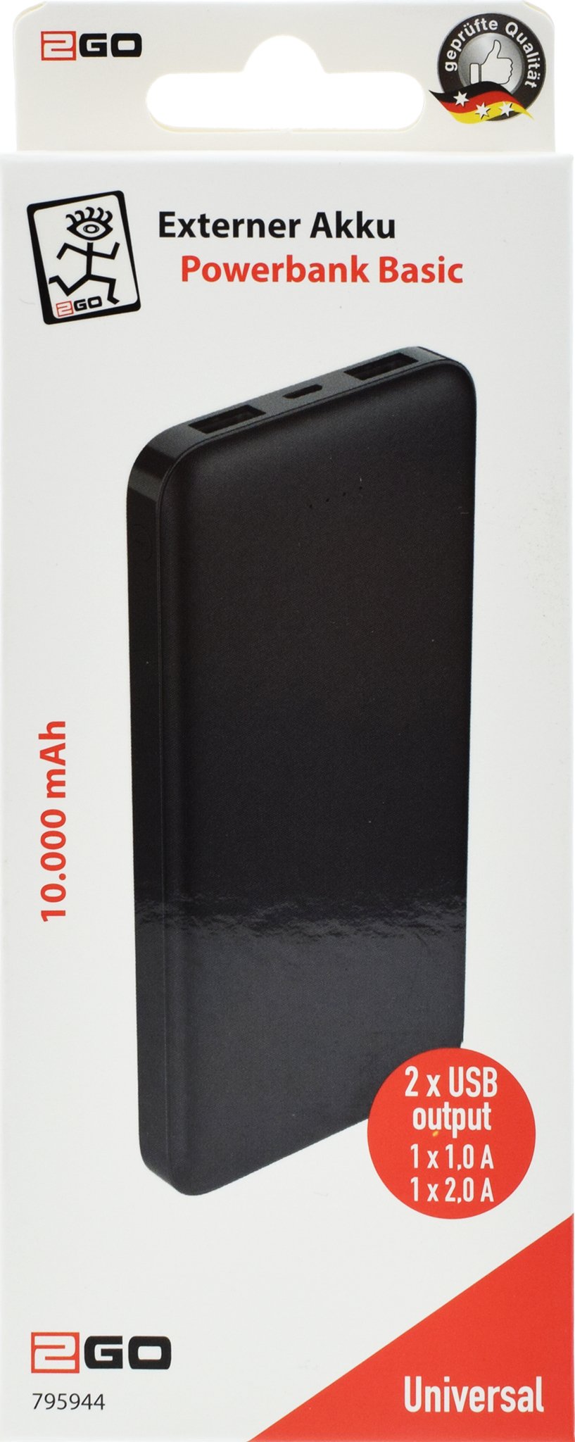 2go Powerbank Basic 10000mah 2x Usb Incl. Cable Micro-Usb