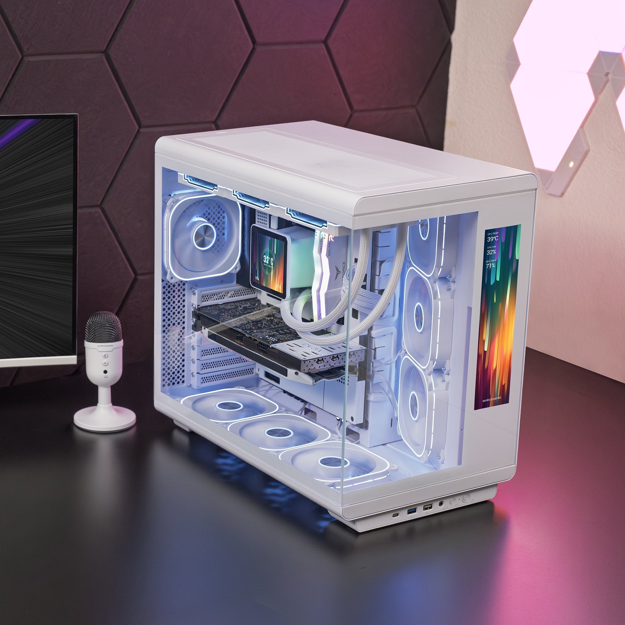 Caja Pc Atx Mars Gaming Mc-Revmaxw Pantalla Lcd 11.8" Cristal Templado 4x Ventiladores Argb Blanco