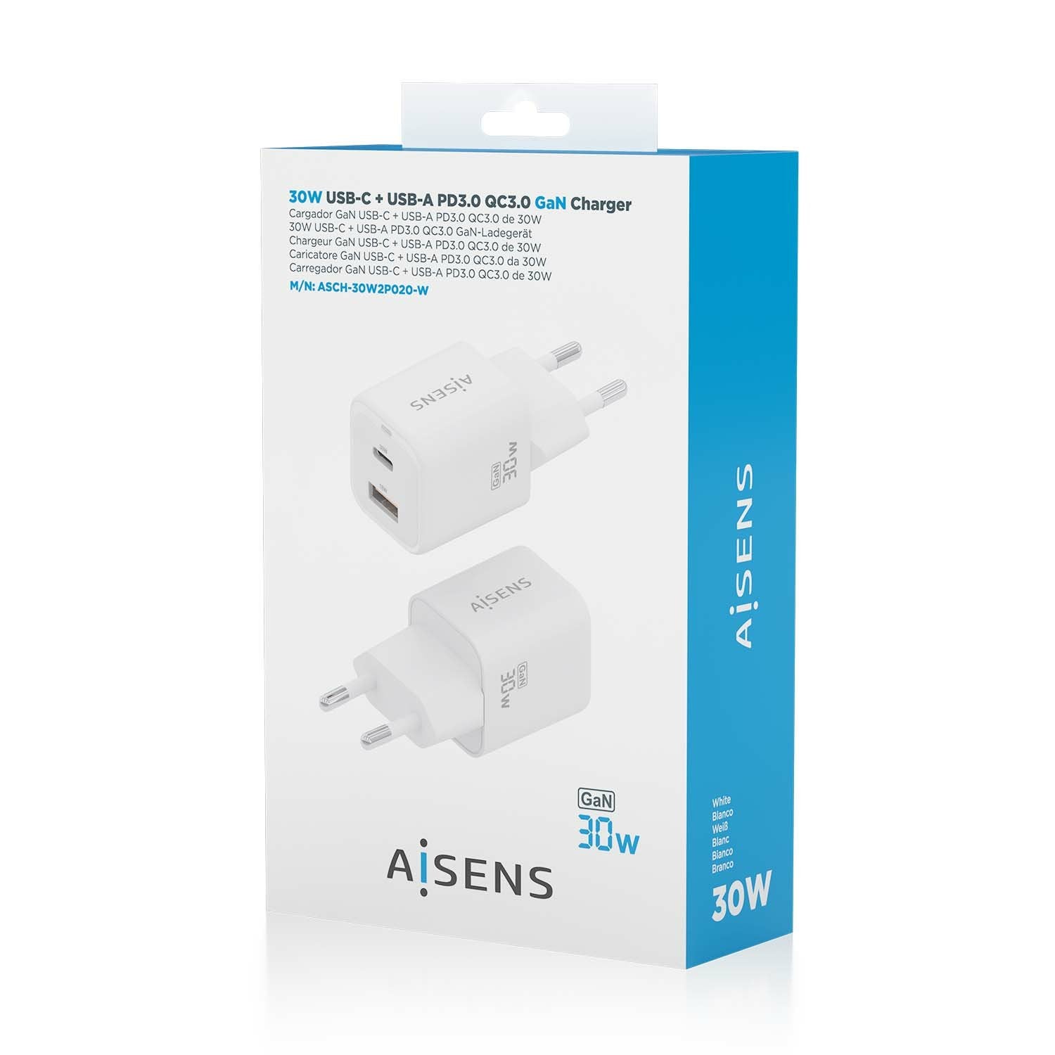 Aisens Cargador Gan 30w, 1xusb-C Pd3.0 Qc4.0, 1xusb-A Qc3.0, Blanco