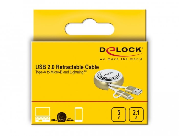 Delock Usb 2 In 1 Aufrollcable Typ-A Zu Micro-B Und Lightning Weiss Gold