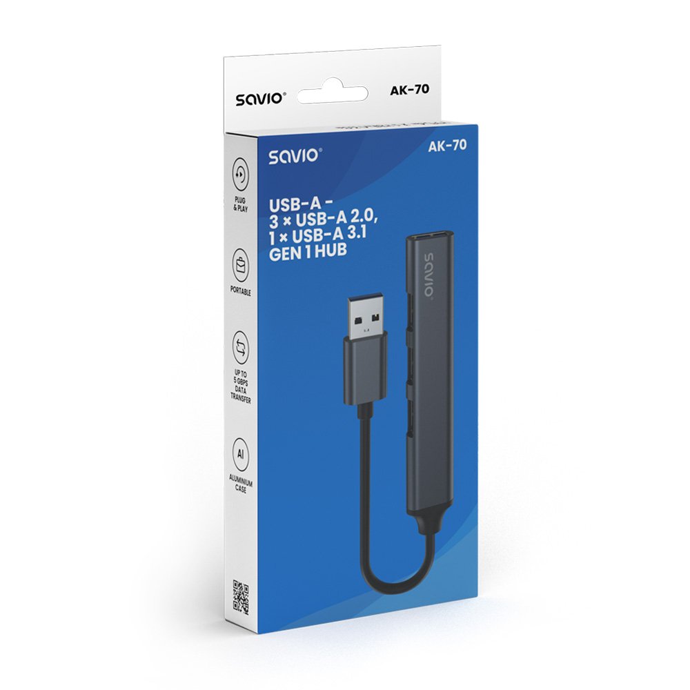 Concentrador Usb-A Savio Ak-70 - 3 × Usb-A 2.0, 1 × Usb-A 3.1 Gen 1, 4 En 1, 5 Gbps