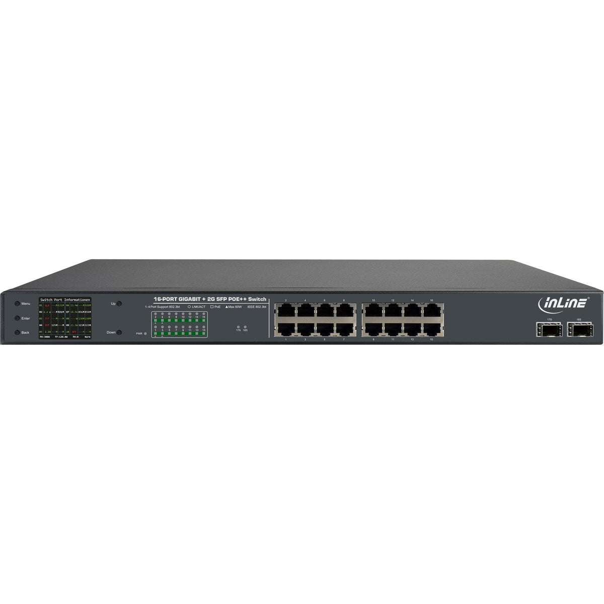Switch De Red Gigabit Inline Poe++ De 16 Puertos, 1 Gbps, 2x Sfp, 48,26 Cm (19", Soportes Incluidos), Metal, Control De Ventilador, Con Pantalla, Protección Con Contraseña, 300 W