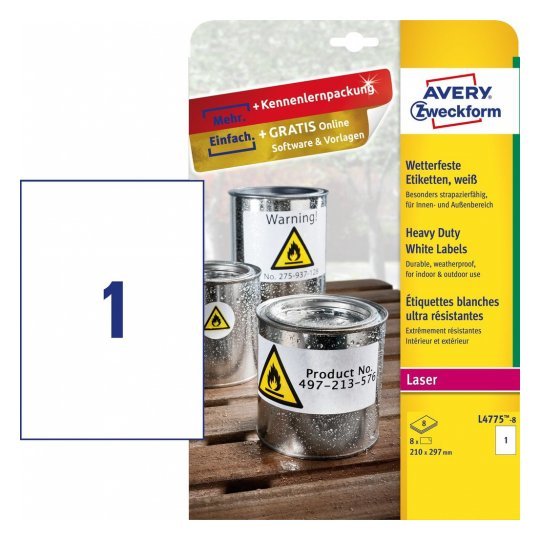 Paquete 8 Hojas Etiquetas De Poliéster Blanco-Impresoras Láser-210x297 Mm Avery L4775-8