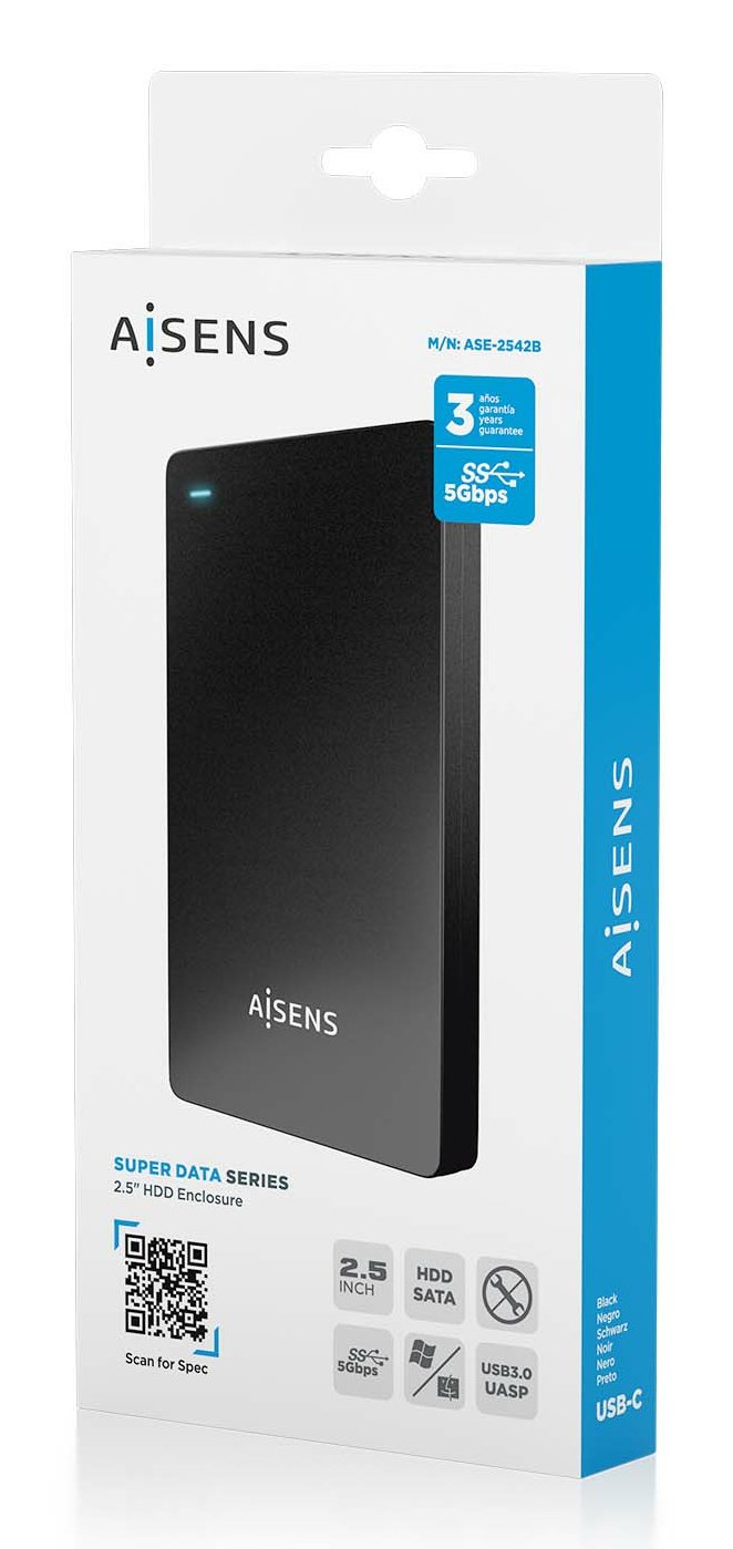 Aisens Caja Externa 2,5&Quot; Ase-2542b 9.5mm Sata A Usb-C Usb3.1 Gen1, Negra