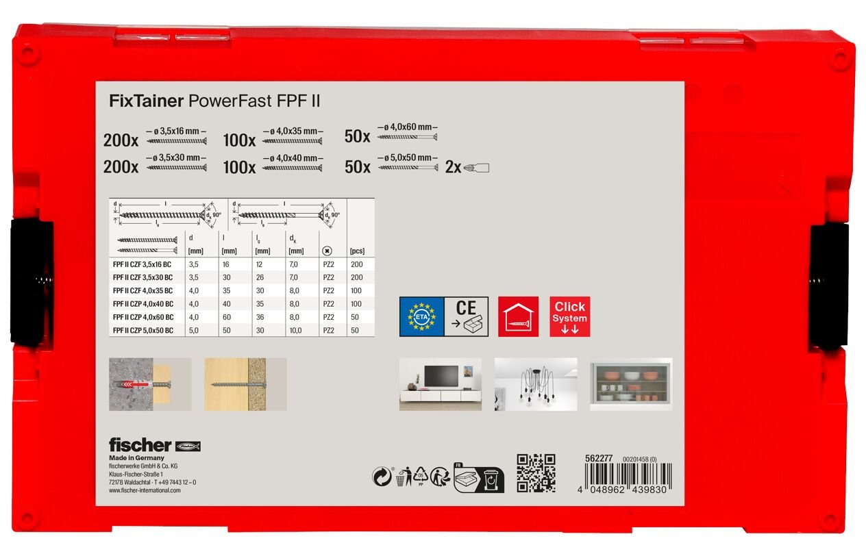 Fischer Fixtainer Powerfast Ii Cabeza Avellanada Pz, Juego De Tornillos 702 Piezas, Rosca Parcial Y Total, Galvanizado 562277