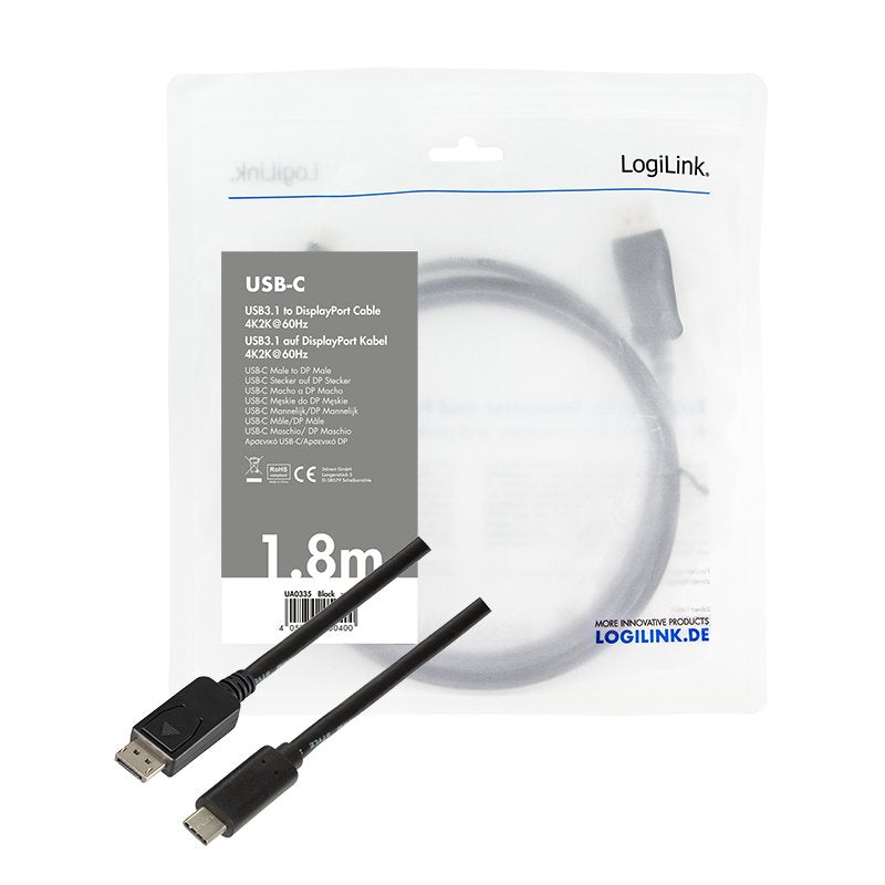 EAN 4052792050400 - LogiLink UA0335 adaptador de cable de vídeo 1,8 m USB Tipo C DisplayPort Negro imagen 3