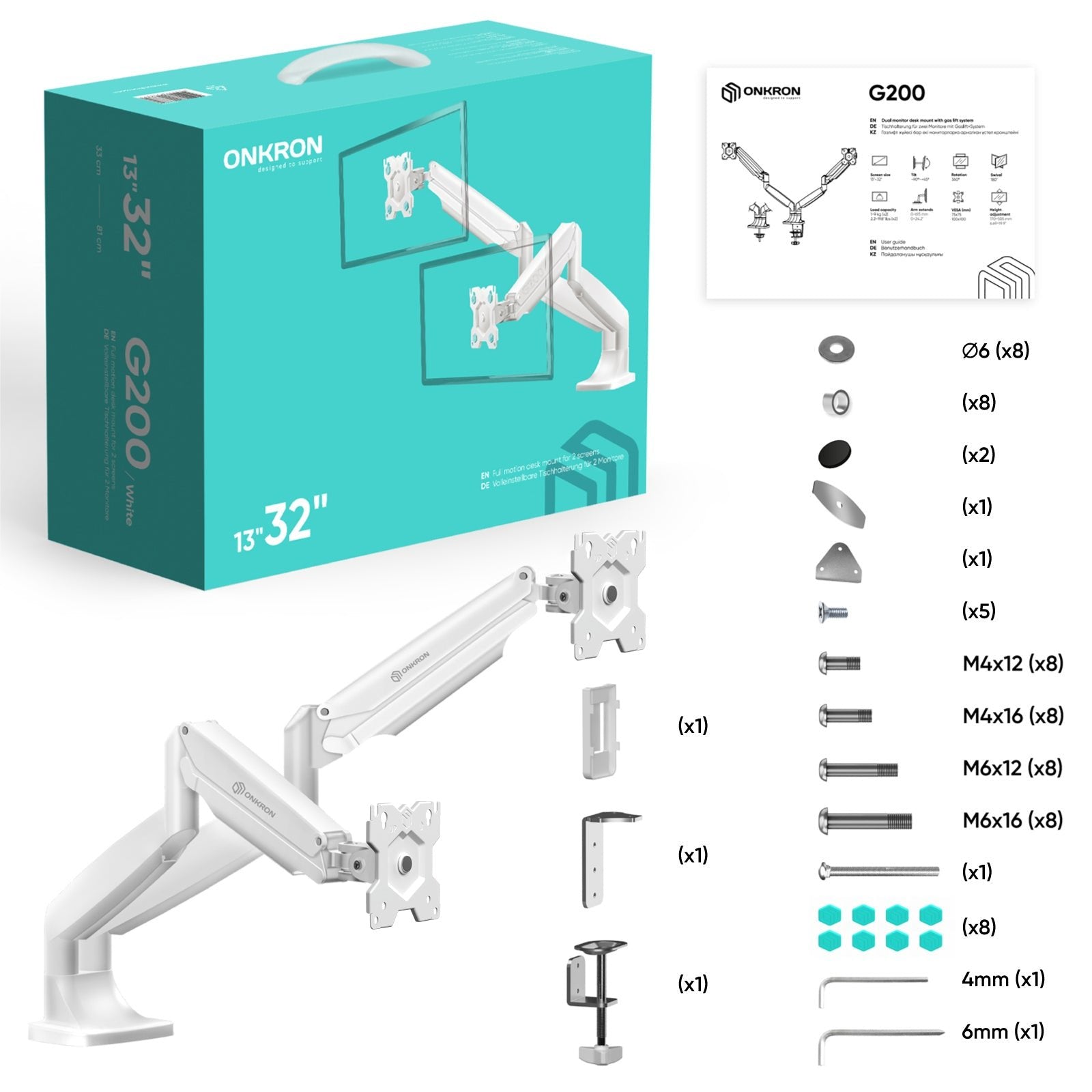 EAN 4603728443386 - ONKRON G200-W soporte para monitor 81,3 cm (32") Escritorio imagen 7