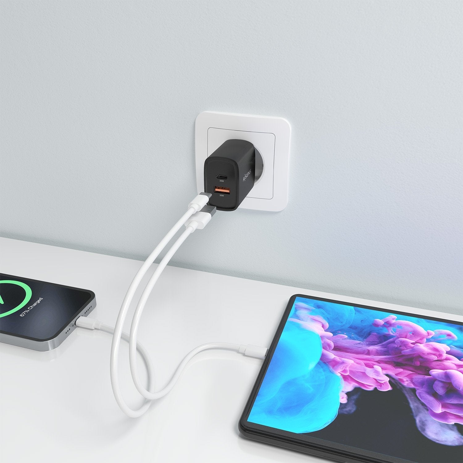 Aisens Cargador Gan 30w, 1xusb-C Pd3.0 Qc4.0, 1xusb-A Qc3.0, Negro