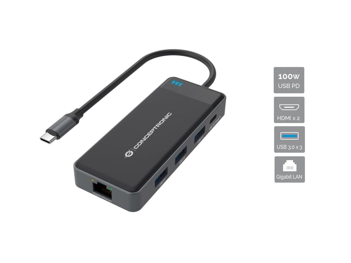 Adaptador Usb-C 7in1 Conceptronic Hdmix2 Usb-C Pd 100w Usb-A Rj45 Gigabit Donn14g