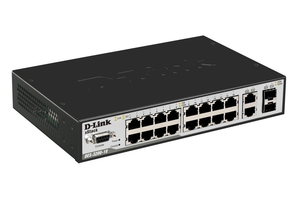 D-Link Des-3200-18 Metro Ethernet Xstack 16-Port 10/100mbps Layer 2 Managed Switch + 2-Port Combo 1000baset/Sfp - 16-Port 100ba