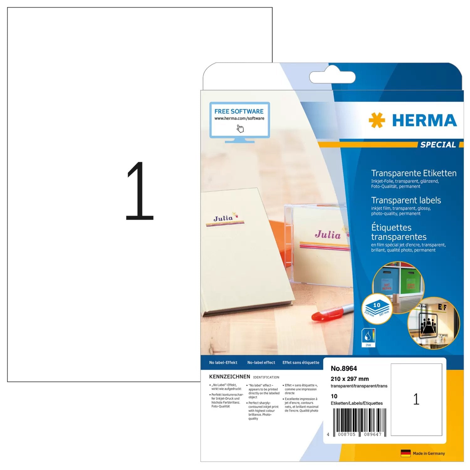 EAN 4008705089647 - HERMA 8964 etiqueta de impresora Transparente Etiqueta para impresora autoadhesiva imagen 1