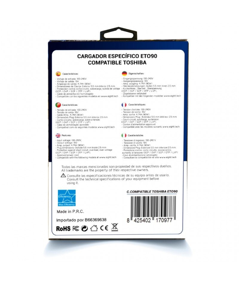Eightt Cargador Especifico Compatible Toshiba 19v-4.74a 90w