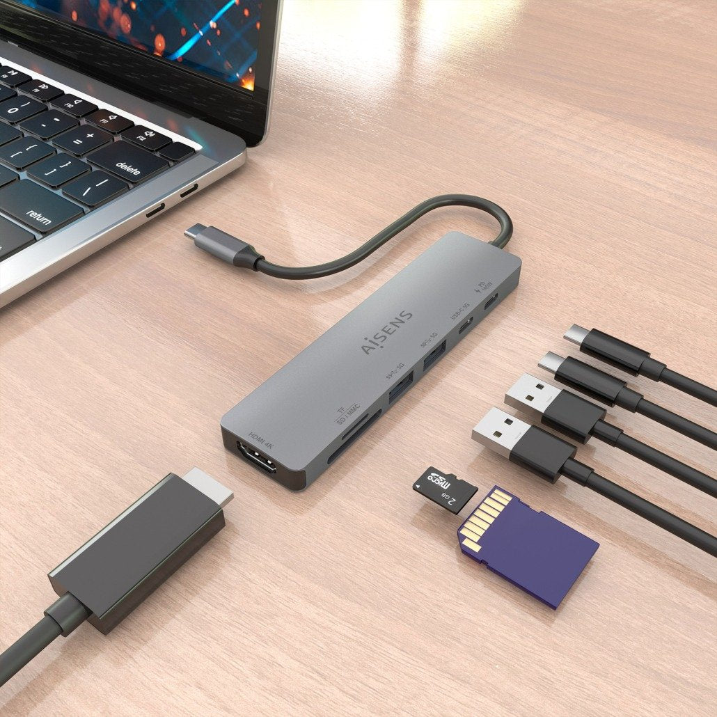 Aisens Usb-C Dock 7 En 1, Usb-C A 1xhdmi, 2xusb-A, 1xusb-C, 1xusb-C Pd 100w, 1xsd, 1xmicro Sd, Gris, 15cm