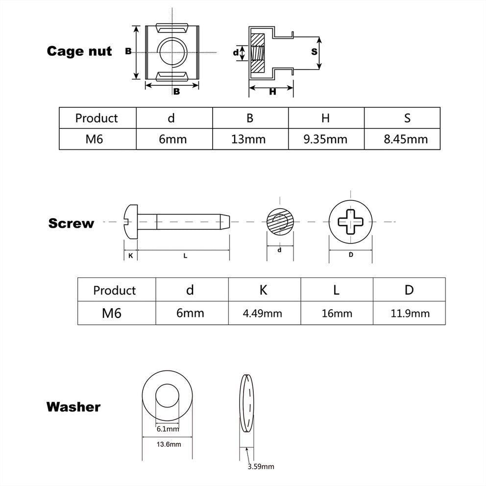 Screw M6 X16 + Cage Nut, 100 Set/Bag