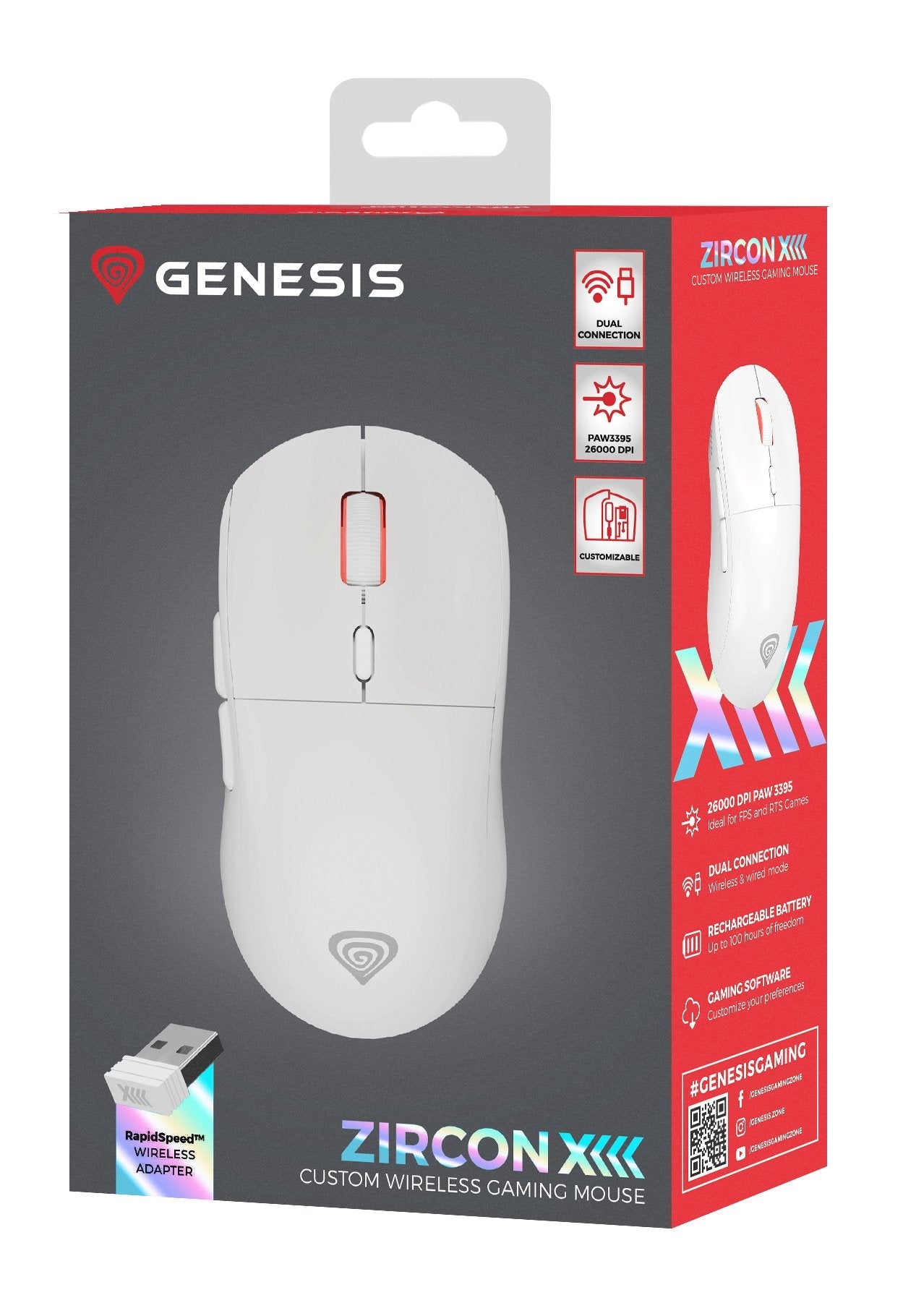 Raton Gaming Genesis Zircon Xiii Customizable Inalambrico 26000 Dpi Blanco
