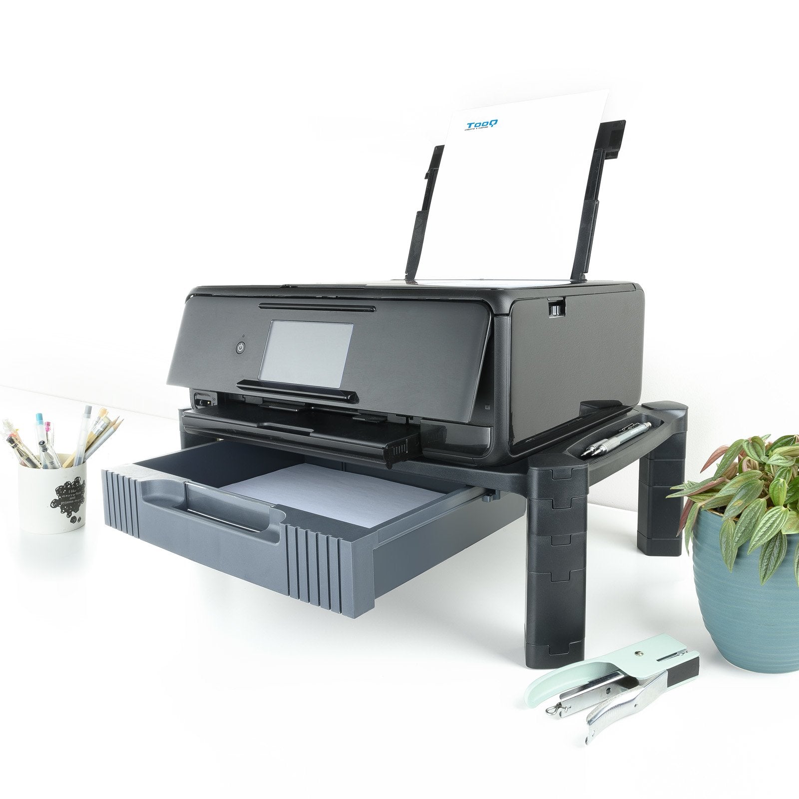 Tooq Soporte Elevador Con Cajon Para Monitor O Portatil - Regulable En Altura - Peso Max 10kg - Negro