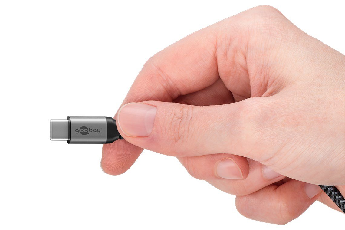 Cable Usb 2.0 De Goobay, Conector Usb-C > Conector Usb-C Negro/Gris, 1,5 Metros, Carga Con Hasta 60 W Pd, Cable Textil Con Conectores Metálicos 75739