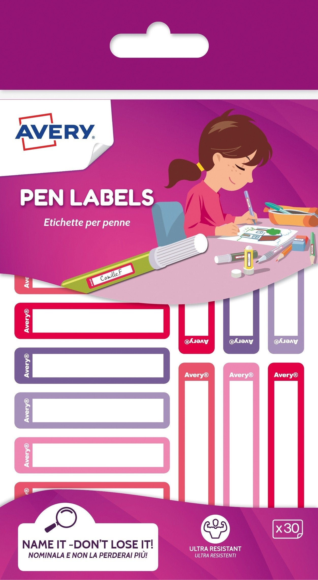 EAN 5014702137600 - Avery RESMI30F-UK etiqueta autoadhesiva Rectángulo redondeado Permanente Rosa, Púrpura 30 pieza(s) imagen 1
