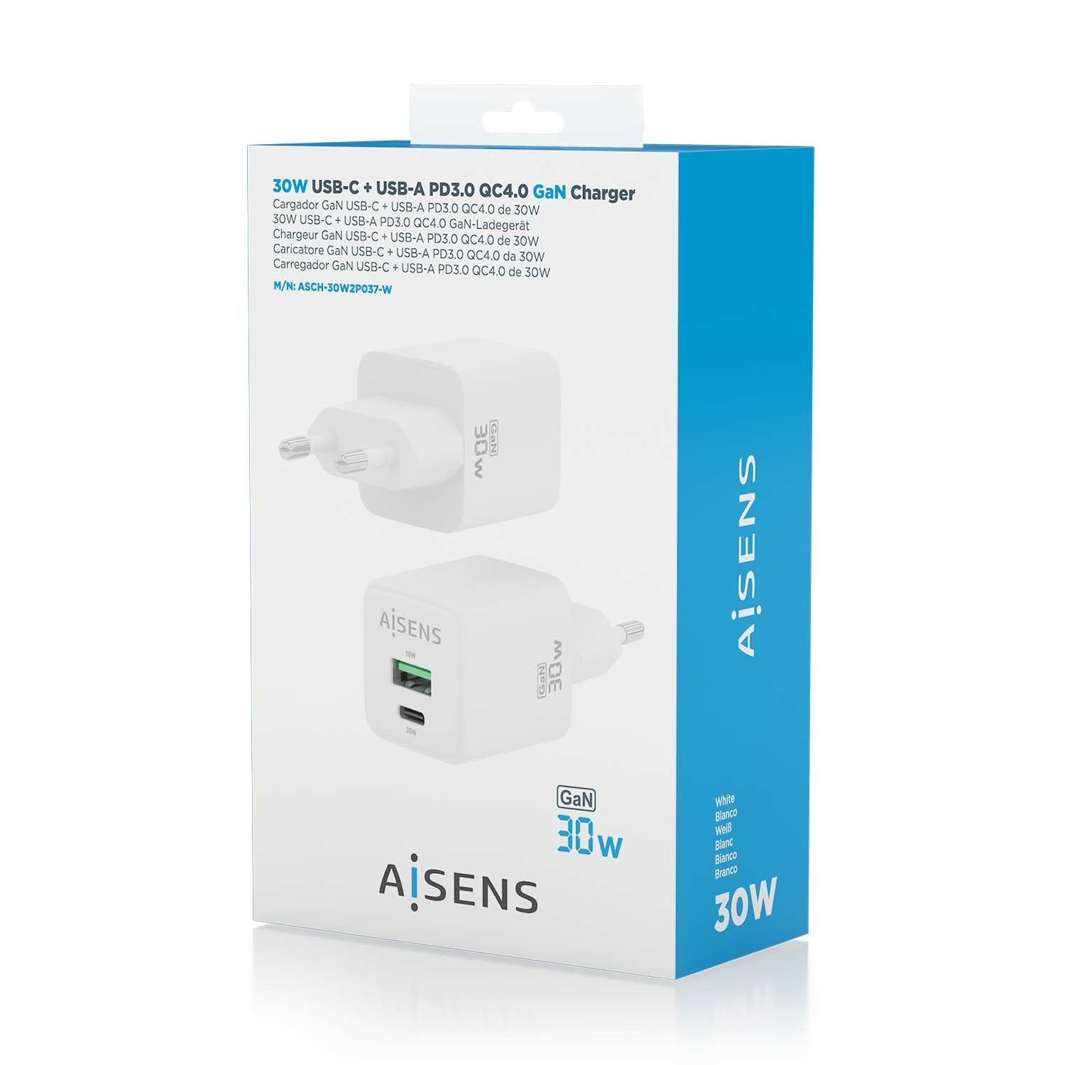 Aisens Cargador Gan 30w, 1xusb-C Pd3.0 Qc4.0, 1xusb-A Qc3.0, Blanco