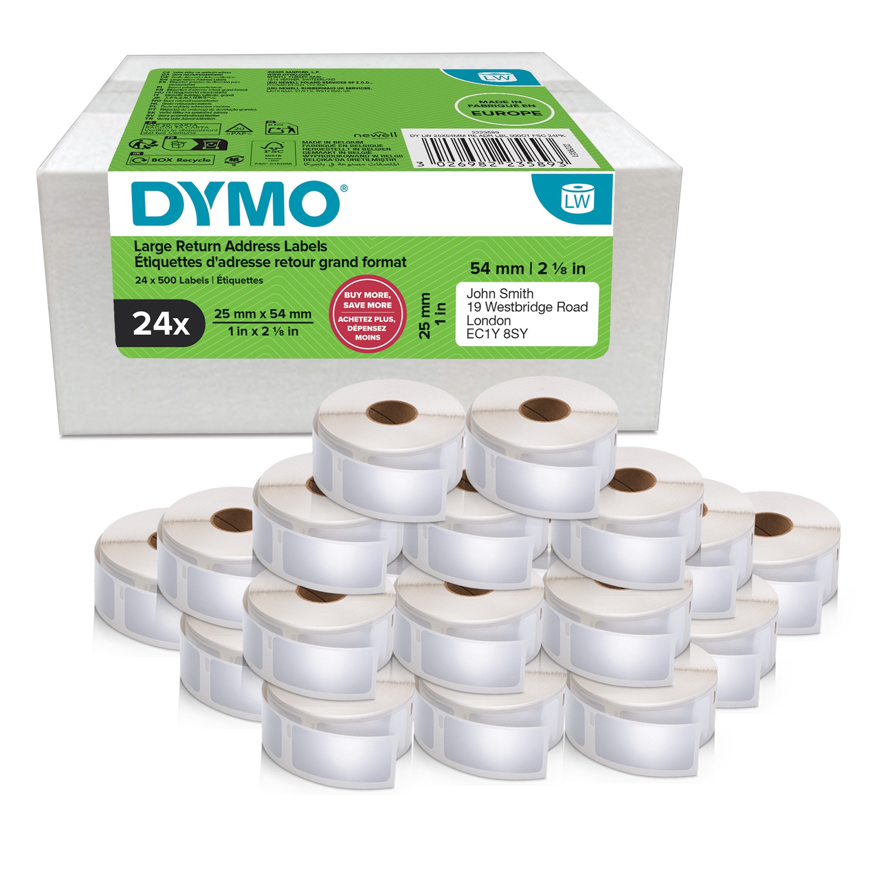 Dymo Labelwriter Original Etiquetas De Dirección De Remitente Grandes, 25 X 54 Mm 24 Rollos De 500 Etiquetas Cada Uno 2223589