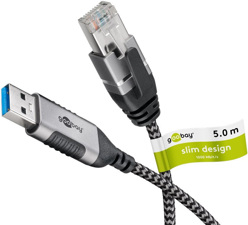 Cable De Adaptador Ethernet Goobay Usb-A 3.2 Gen1> Rj-45, Slim Black/Grey, 5 Metros 74397
