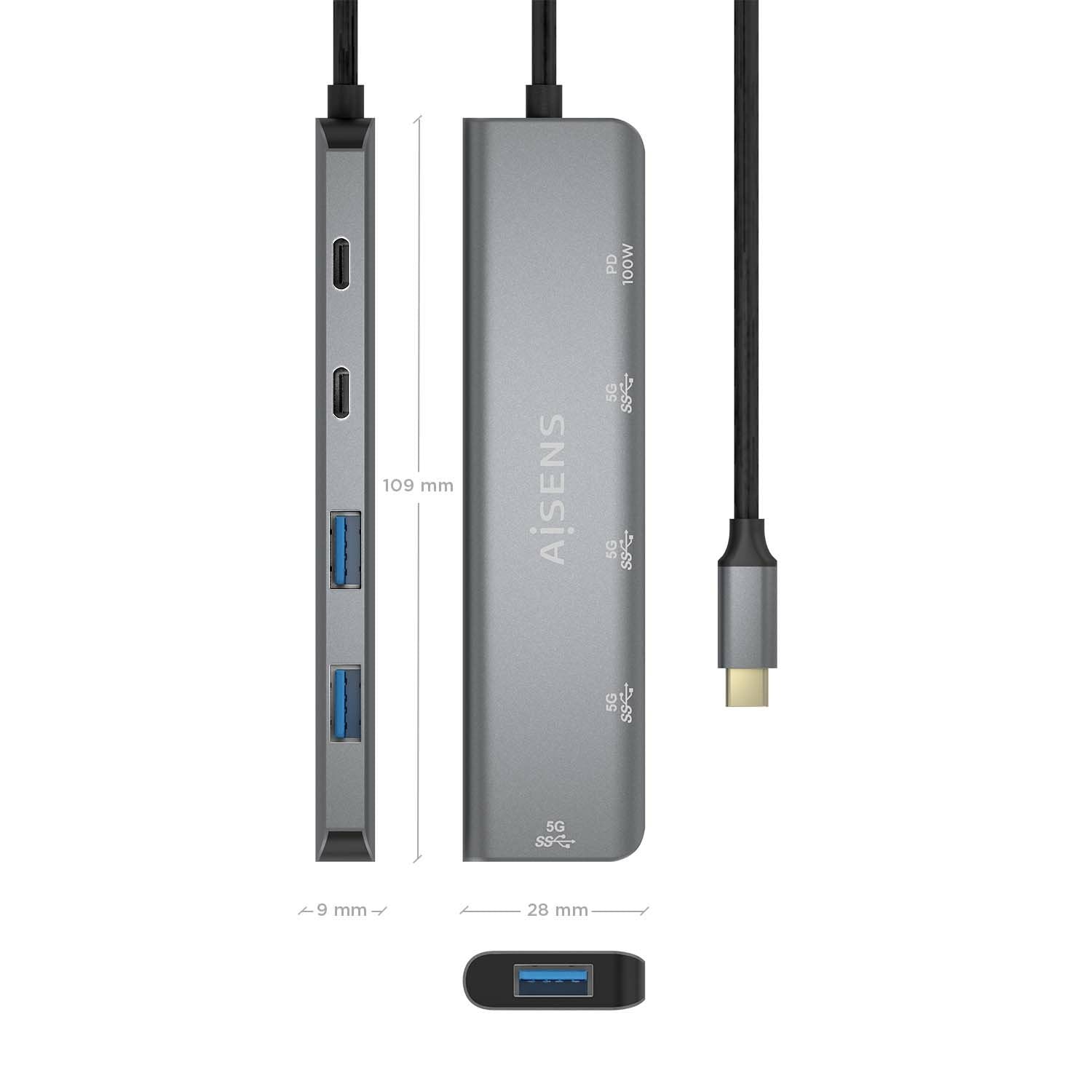 Aisens Hub Usb 3.2 Gen1 5g Usb-C, Usb-C/M-1xusb-C Pd100w/H-1xusb-C/H-3xusb-A/H, Gris, 15cm
