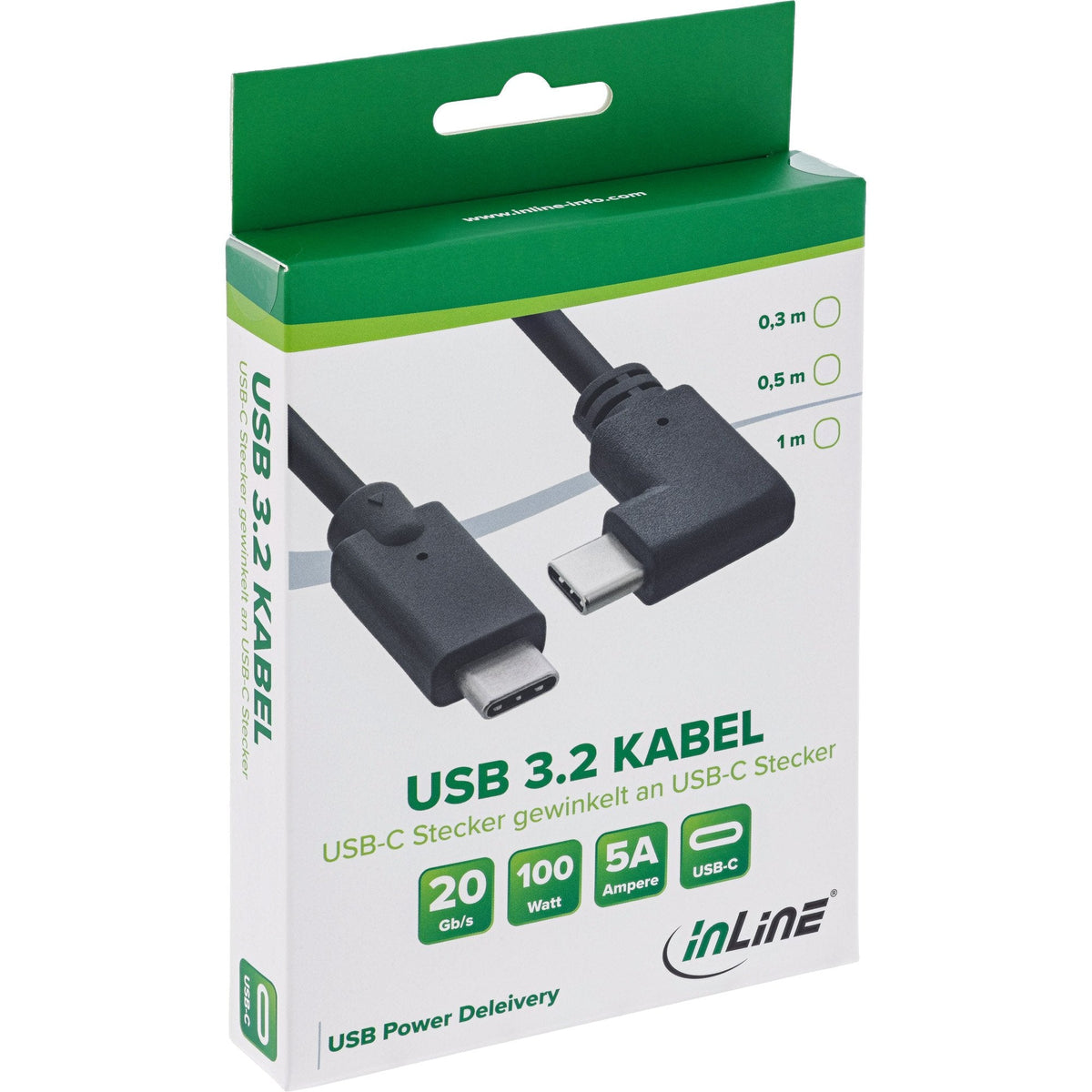 Cable Inline Usb 3.2 Gen.2, Usb Tipo C Macho/Macho En Ángulo, Negro, 0,5 M
