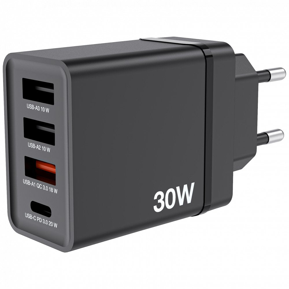 Verbatim Cargador Chr-30eu1, 30w, Gan, Negro 2x Usb-A, 1x Usb-A Qc, 1x Usb-C Pd