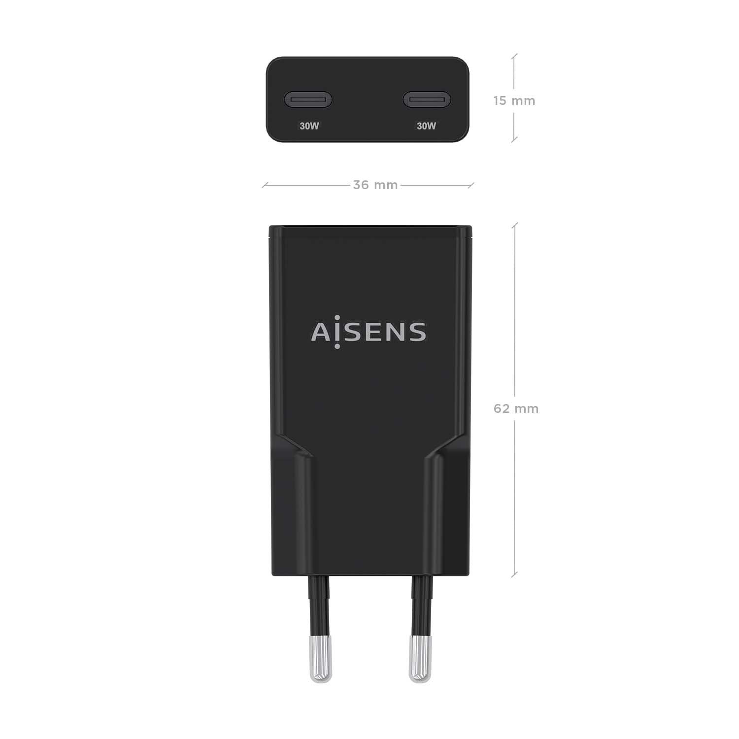 Aisens Cargador Gan Ultra Delgado 30w, 2xusb-C Pd3.0 Qc4.0, Negro