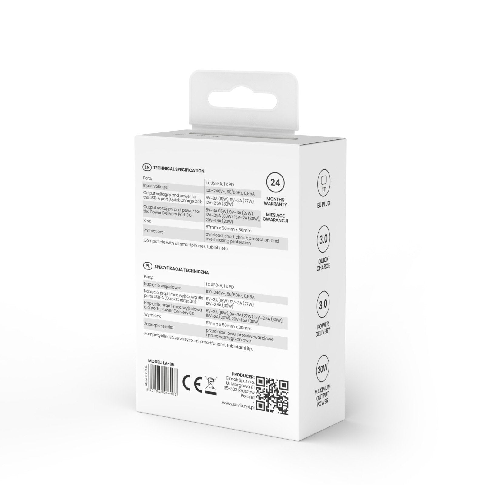 EAN 5901986046905 - Savio LA-06 USB Type A & C Quick Charge Power Delivery 3.0 Indoor Tableta, Teléfono Blanco Corriente alte imagen 8