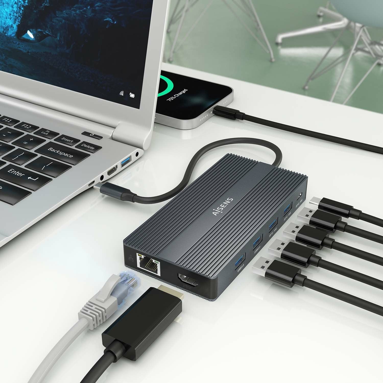 Dock Aisens 12 En 1 Usb-C A 2xhdmi Dp Rj45 4xusb-A Usb-C Usb-C Pd 20cm