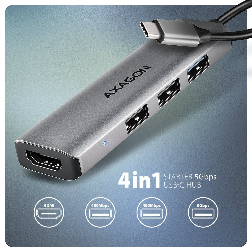 Hmc-H3a Wieloportowy Hub Usb 4in1, 5gbps, 3x Usb-A (2x Usb2.0, 1x Usb3.0) + Hdmi 4k/30hz, Metal, 15cm Usb-C Kabel