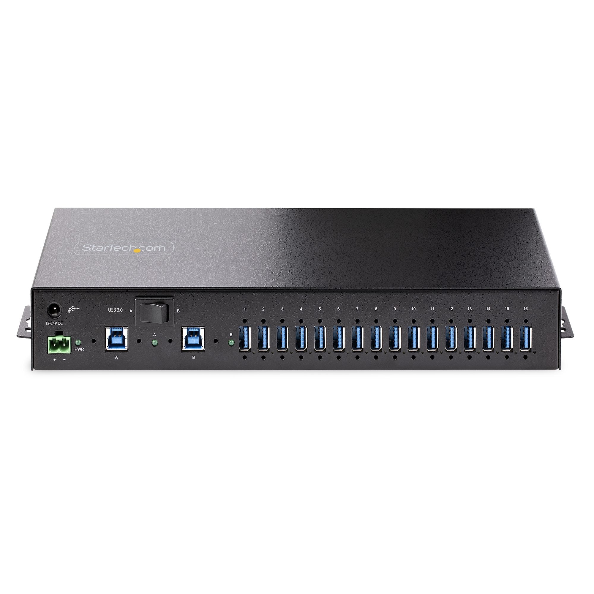 Startech.Com Hub Ladrón Usb 3.0 5gb De 16 Puertos Industrial - Metal - Montaje En Rack/Superficie/Din - Carga Compartida Usb 120w - Esd - Bloque De Terminales - Switch De 2 Hosts