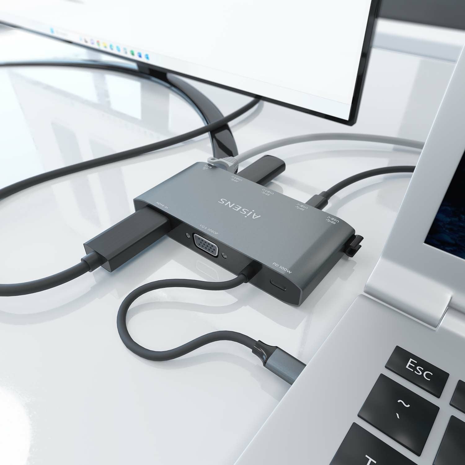 Aisens Usb-C Dock 8 En 1 - Usb-C A 1xhdmi - 1xvga - 1xrj45 - 2xusb-A - 2xusb-C 5g - 1xusb-C Pd - 20cm - Gris