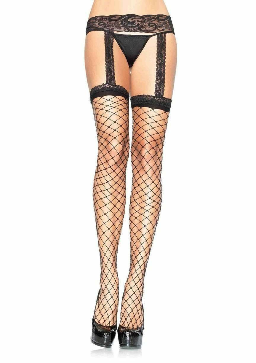 Leg Avenue - Medias De Red Con Liguero De Encaje Negro