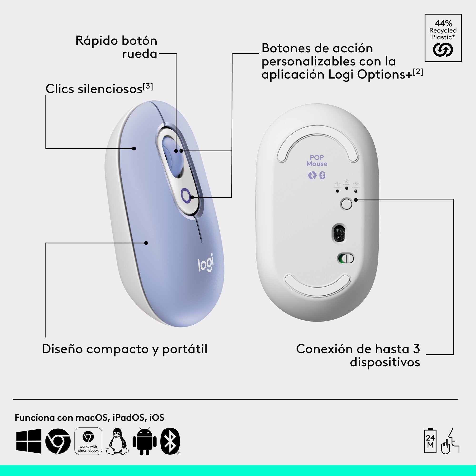 Logitech Pop Mouse, Ratón Inalámbrico Bluetooth Lila