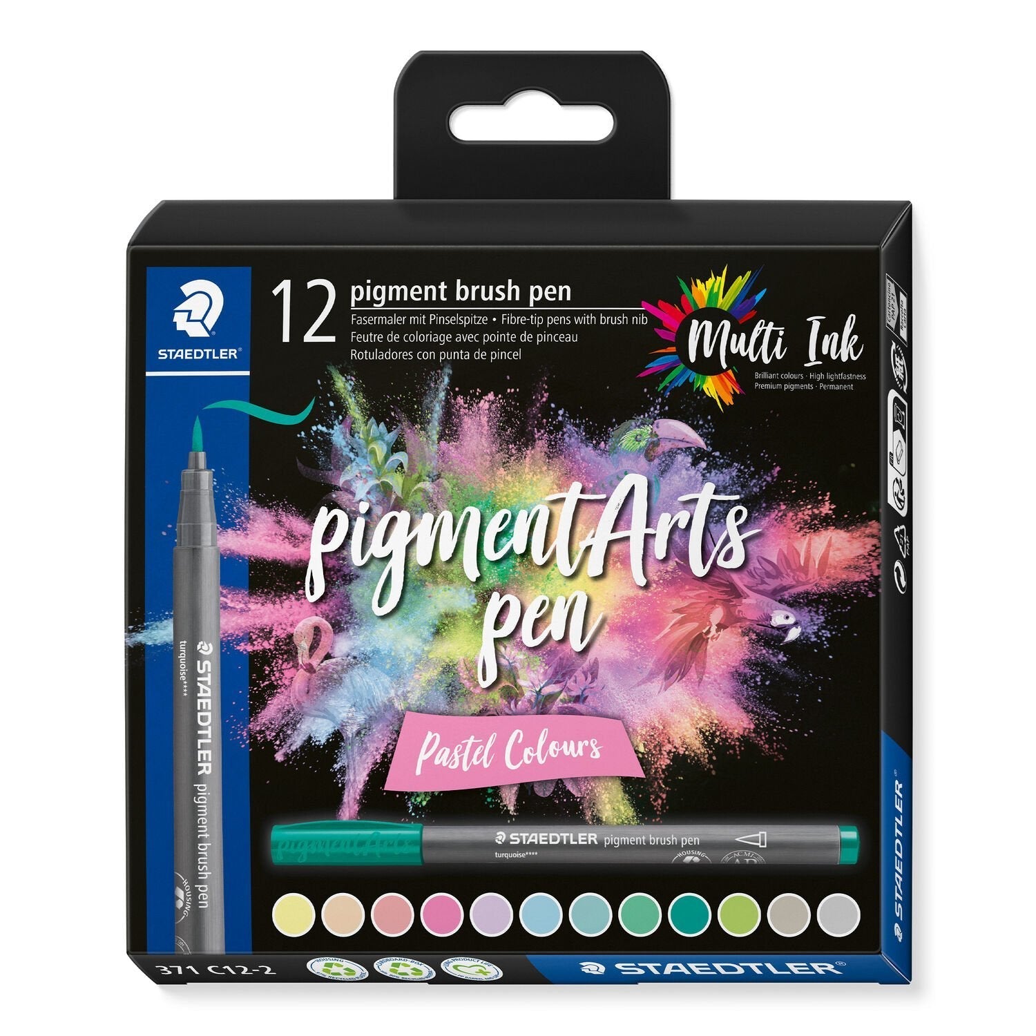 Staedtler 371 Pack De 12 Rotuladores Punta De Pincel Suave - Nueva Tinta Multi Ink - Pigmentos De Primera Calidad - Colores Pastel Surtidos
