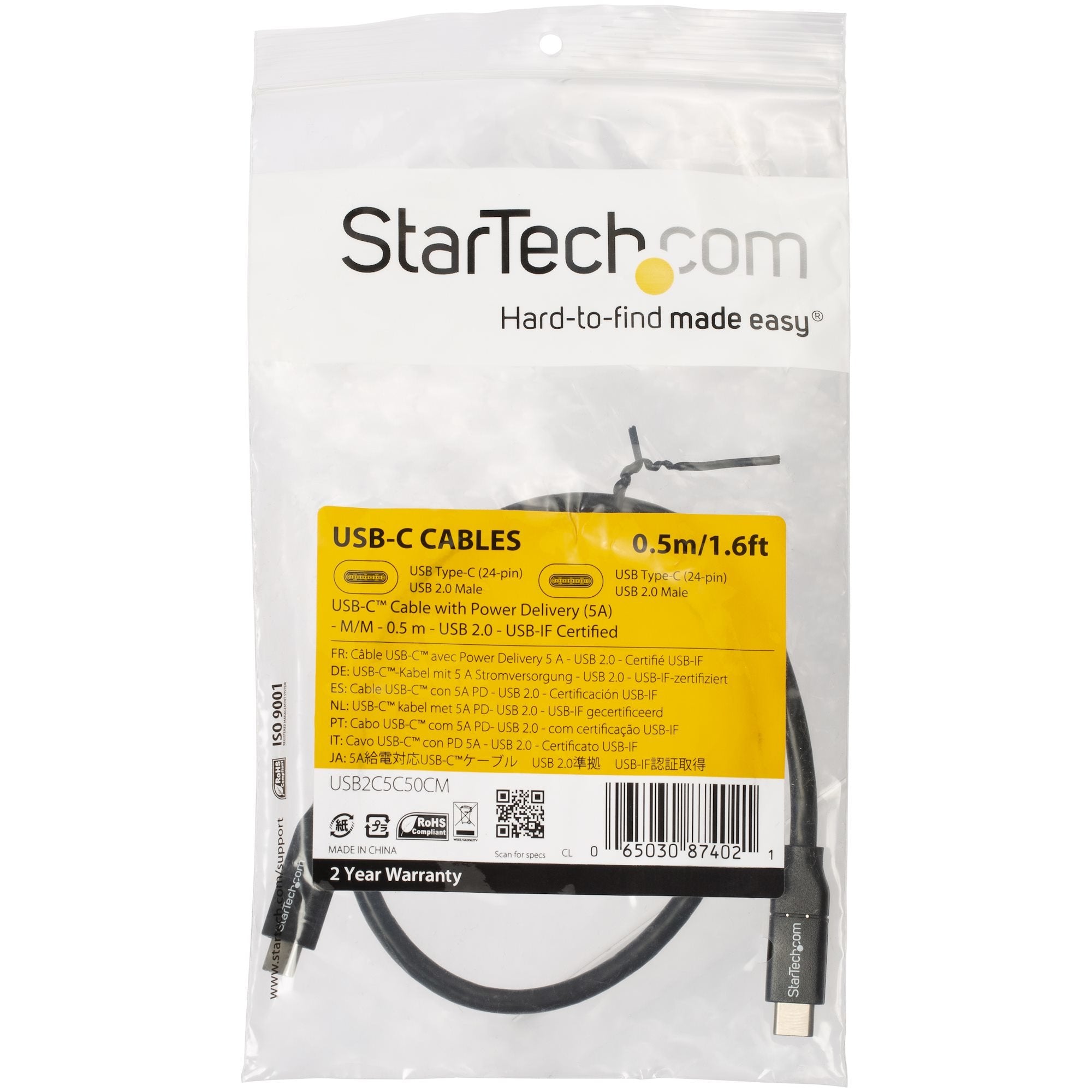 Startech.Com Cable De 50cm Usb-C A Usb-C Con Capacidad Para Entrega De Alimentación De 5a - Usb Tipoc - Cable De Carga Usbc - Usb 2.0