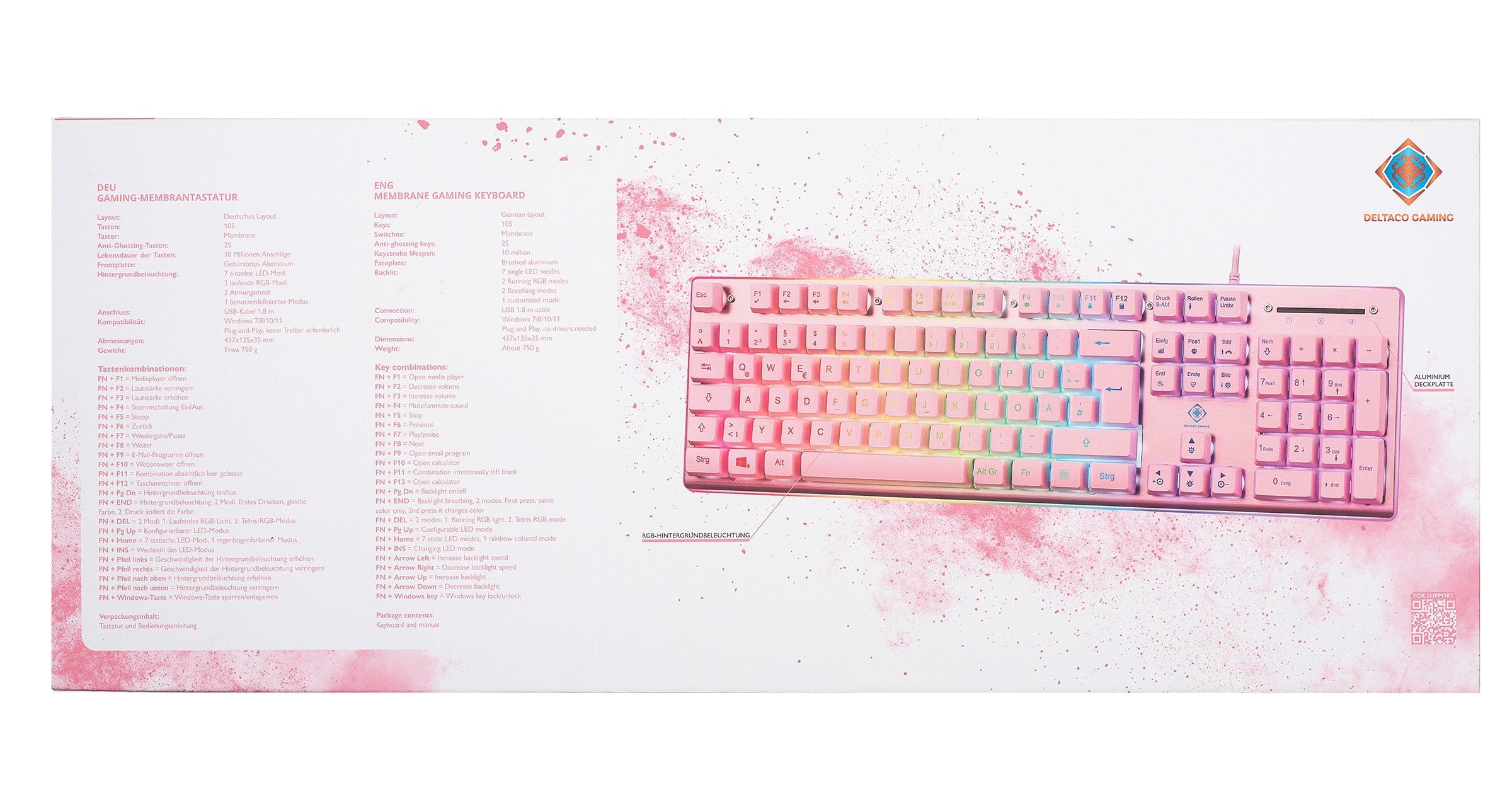 Teclado Alemán Deltaco Gam-021-Rgb-P-De Juego Usb Qwertz Rosa